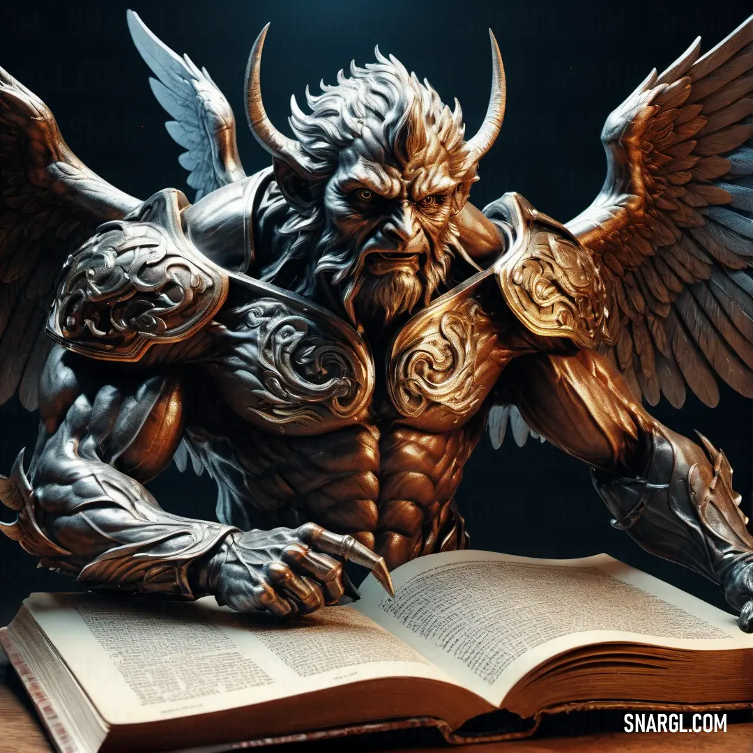 Statue of a demon with wings on a book on a table with a light shining on it and a book open to the page. Color #654321.