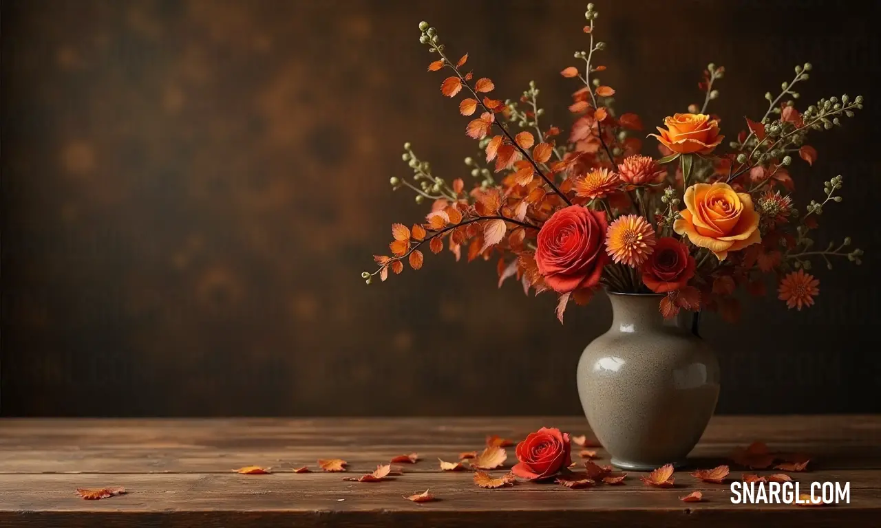 A stunning vase brimming with a vibrant array of flowers stands prominently on a wooden table, surrounded by fallen leaves that add a touch of nature's artistry, creating a captivating scene of color and life.