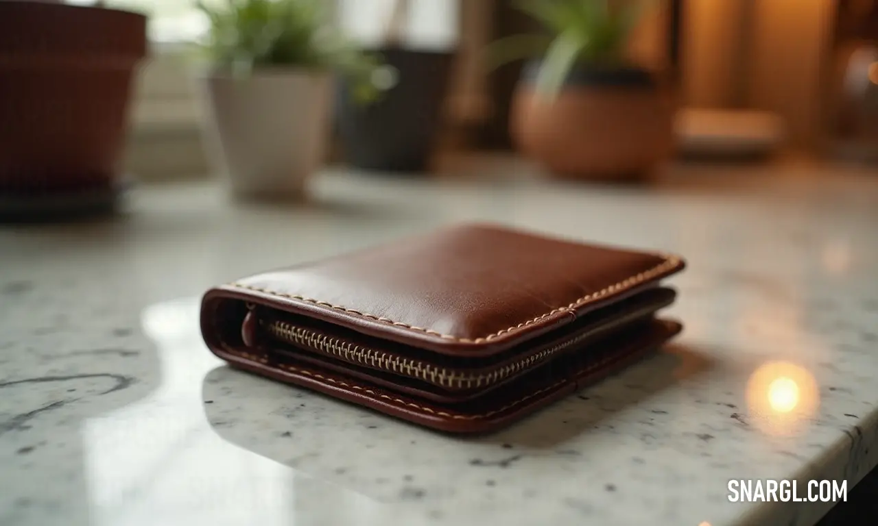 A rich dark brown wallet resting on a stylish countertop adorned with a lush potted plant and a delicate candle in a glass vase, capturing a moment of tranquility and sophistication.