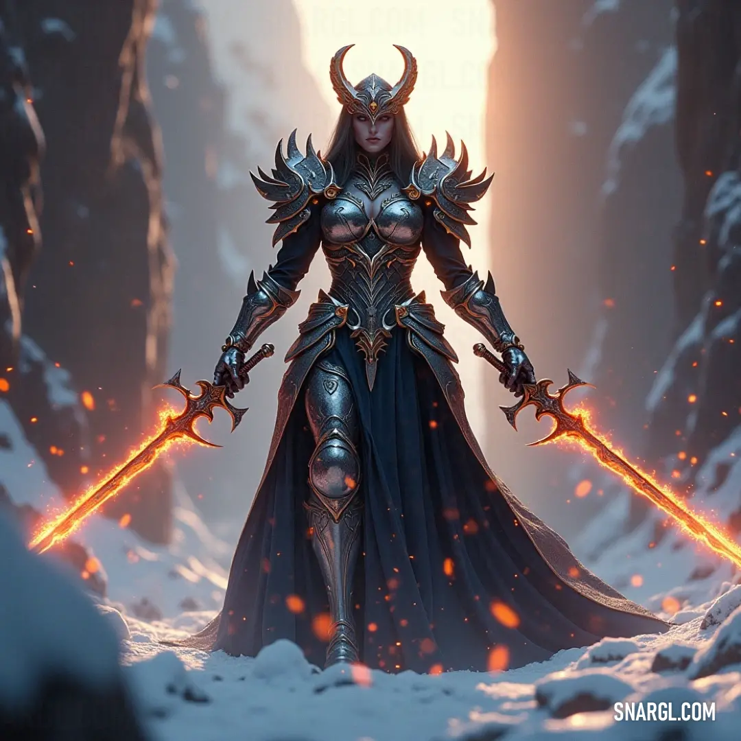 A woman in a flowing black dress stands in a snowy landscape, holding a sword. The distant mountain looms behind her, its icy surface reflecting the cold beauty of the surroundings.