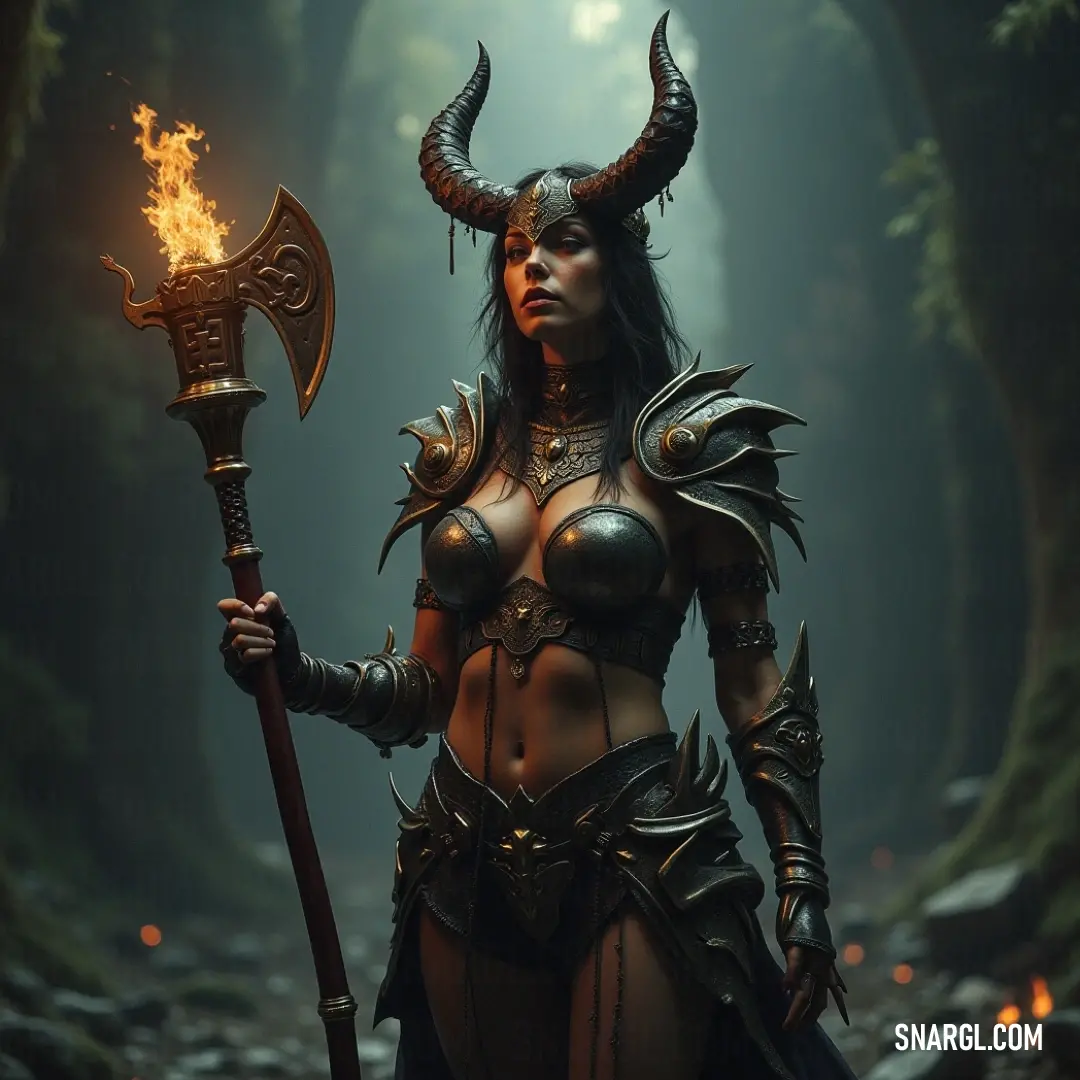 A fierce woman in a costume stands amid rocks in a dense forest, brandishing a fire axe and a blazing fireball, radiating courage and strength against the backdrop of nature's rugged beauty.