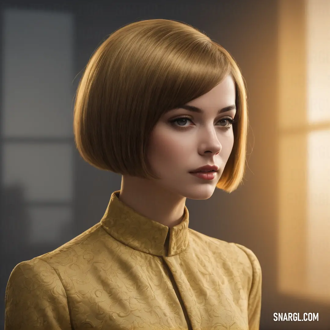 Woman with a short bob cut and a yellow shirt is looking into the distance with a window in the background. Color CMYK 0,34,67,60.
