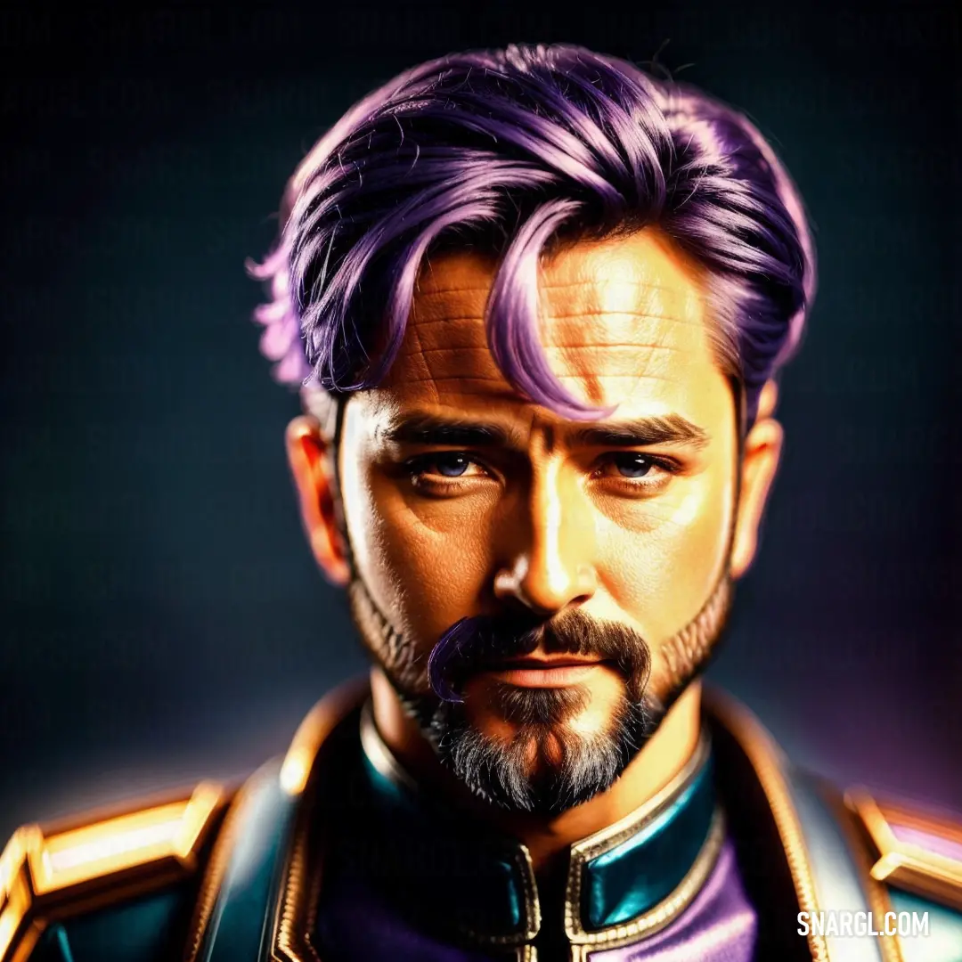 Man with a beard and a suit of armor is shown in this digital painting style photo of a man with purple hair