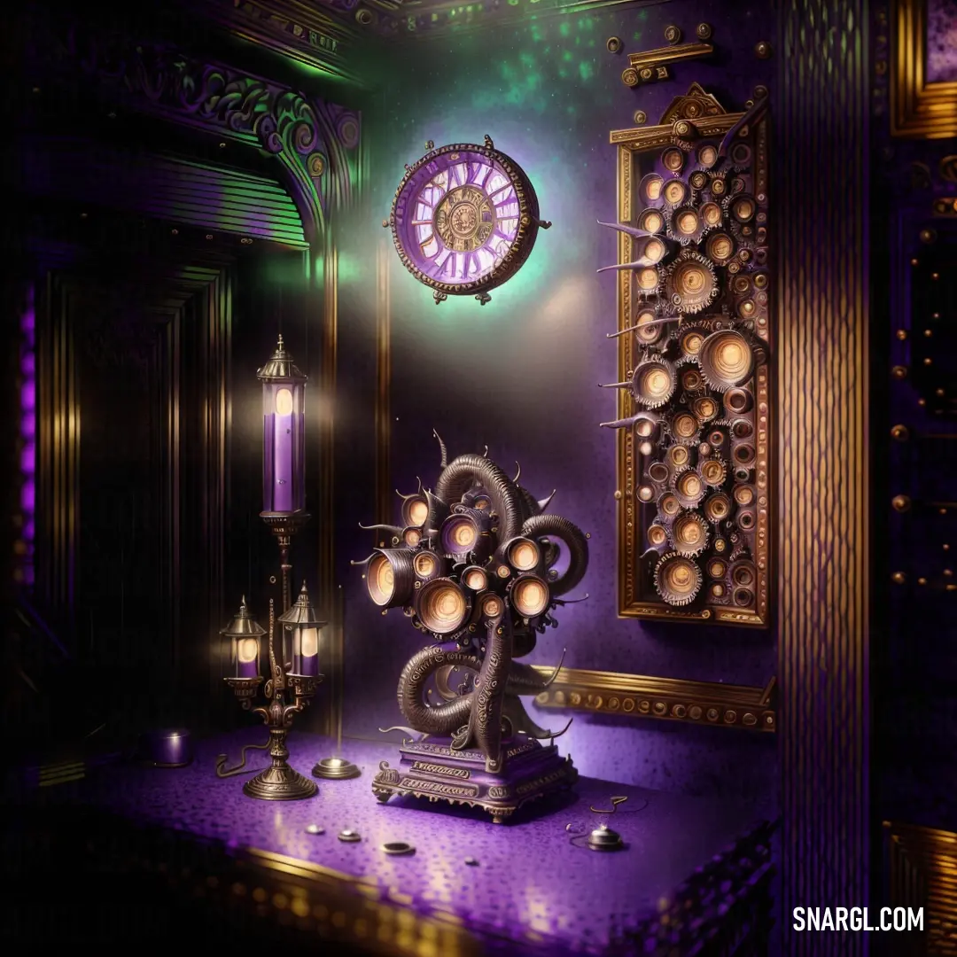 Purple room with a clock and a candle on a table and a mirror on the wall behind it