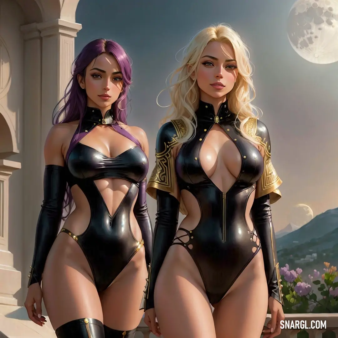 Two women in black catsuits standing next to each other in front of a full moon sky and a building