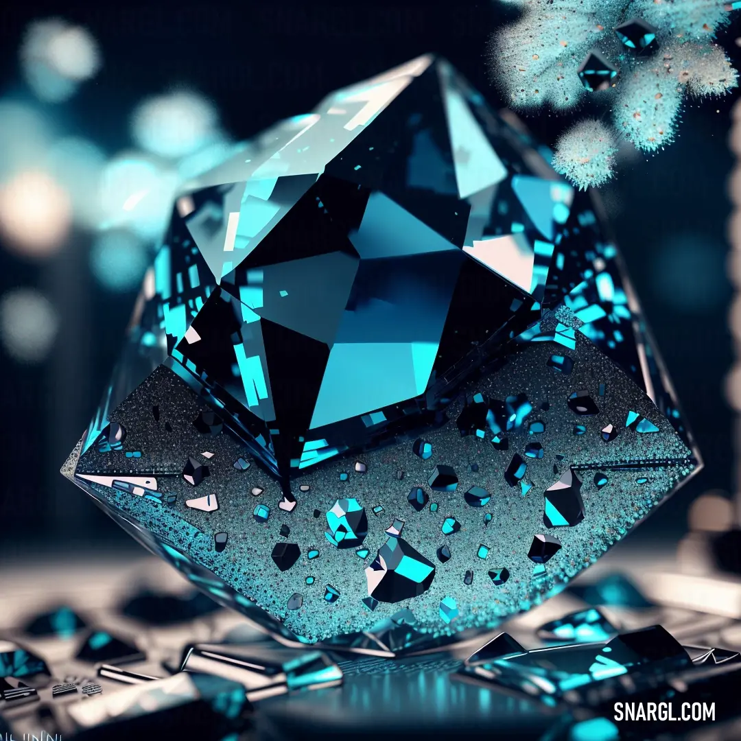 Blue diamond on top of a keyboard next to a tree branch with snow on it and a blue background