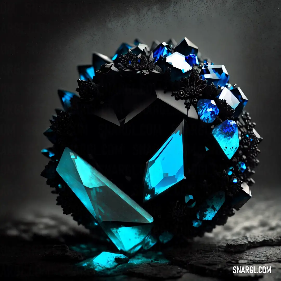 Blue diamond with black accents on a table top with a black background and a black background