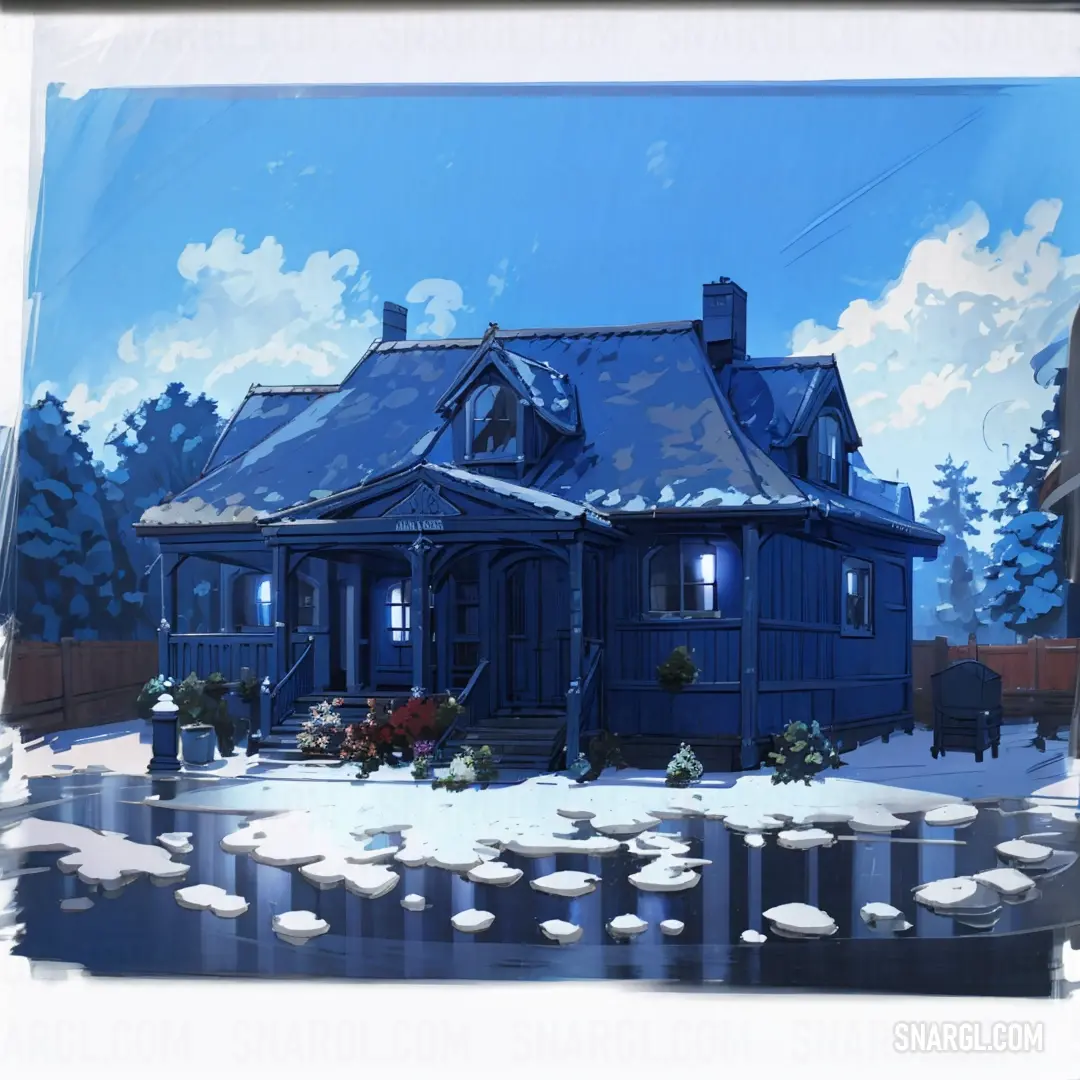 Blue house with a blue roof and a blue sky with clouds and snow on the ground and a fence
