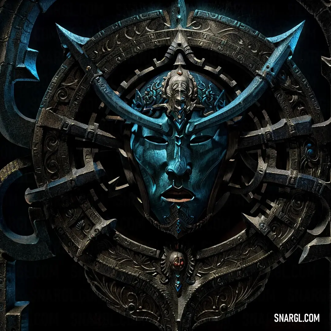 Blue mask with horns and horns on it's face is surrounded by metal circles and crosses and a circular design
