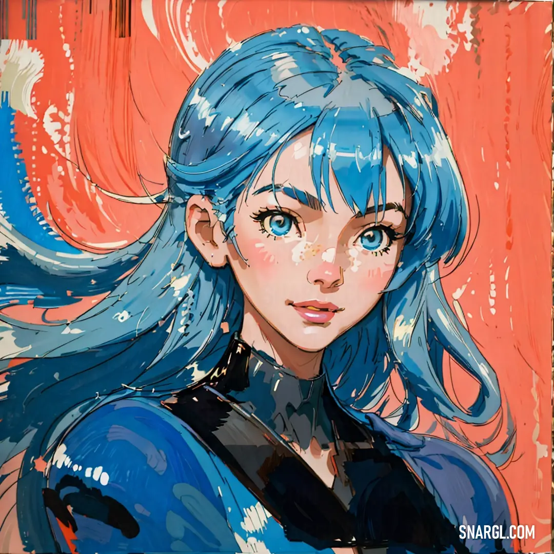 Painting of a woman with blue hair. Color Dark cerulean.