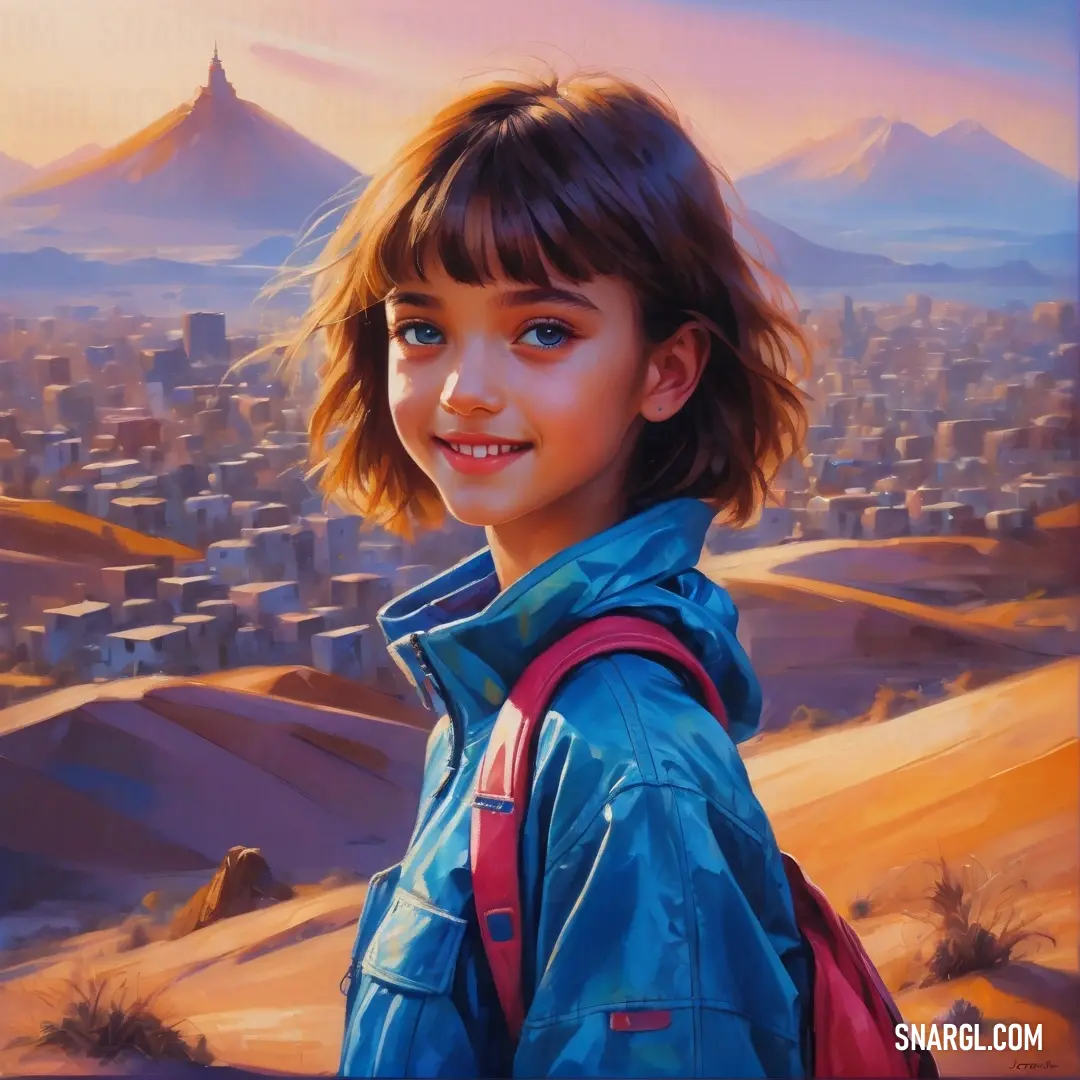 Dark cerulean color. Painting of a young girl with a backpack on a desert landscape with mountains in the background