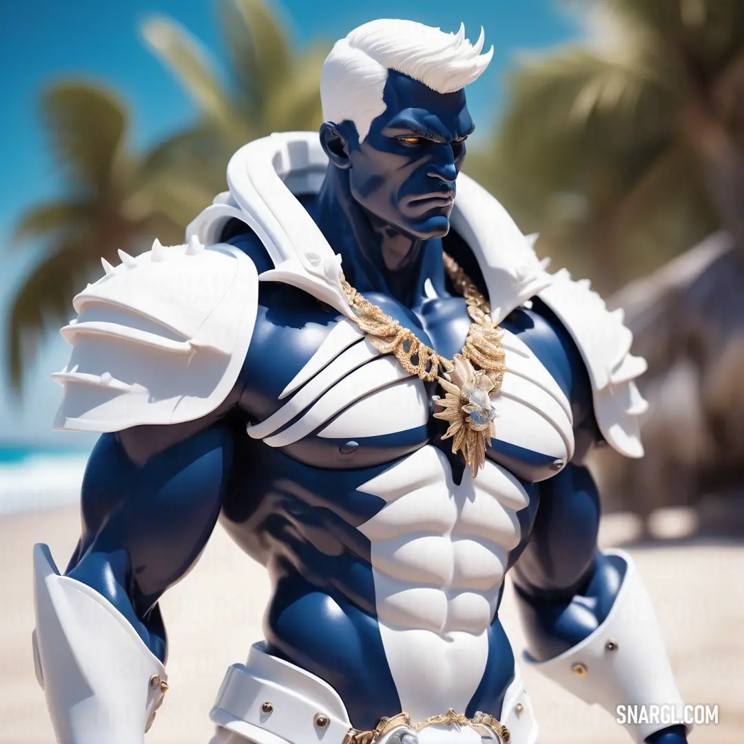 Toy figure of a man in a blue and white outfit on a beach with palm trees in the background. Color CMYK 94,45,0,51.