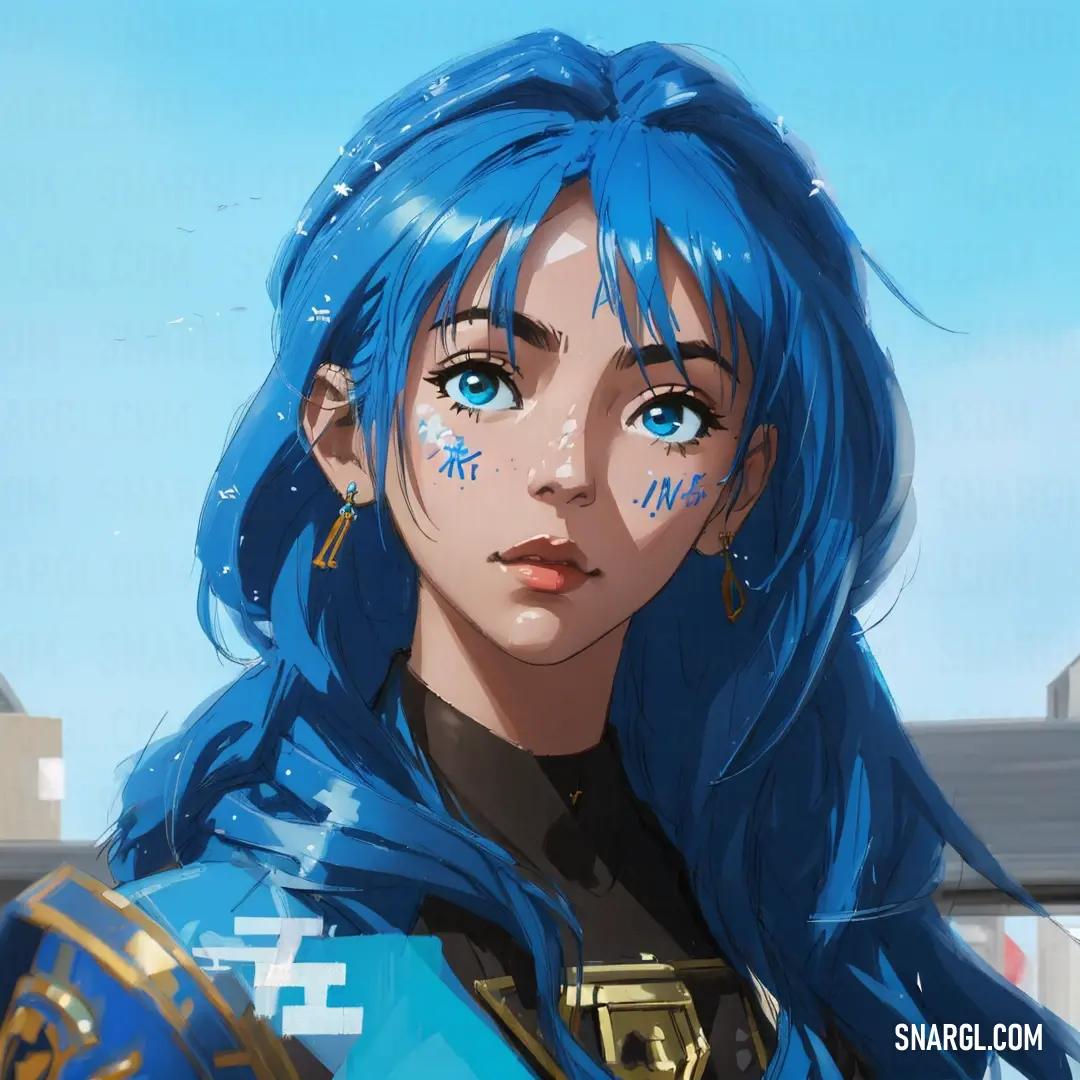 Dark cerulean color example: Woman with blue hair and blue eyes is looking at the camera