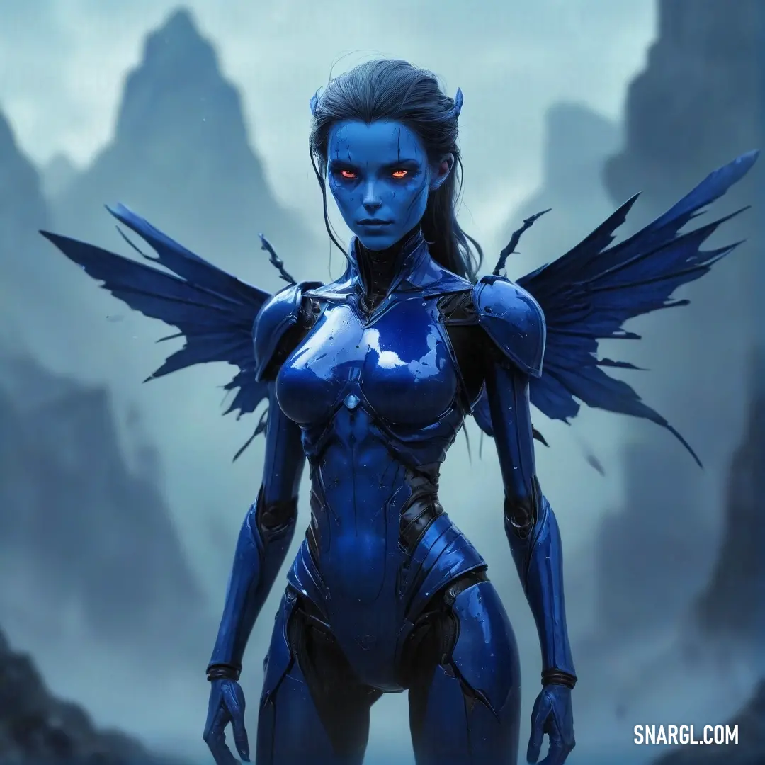 Dark cerulean color example: Woman with blue skin and wings standing in a mountainous area with mountains in the background
