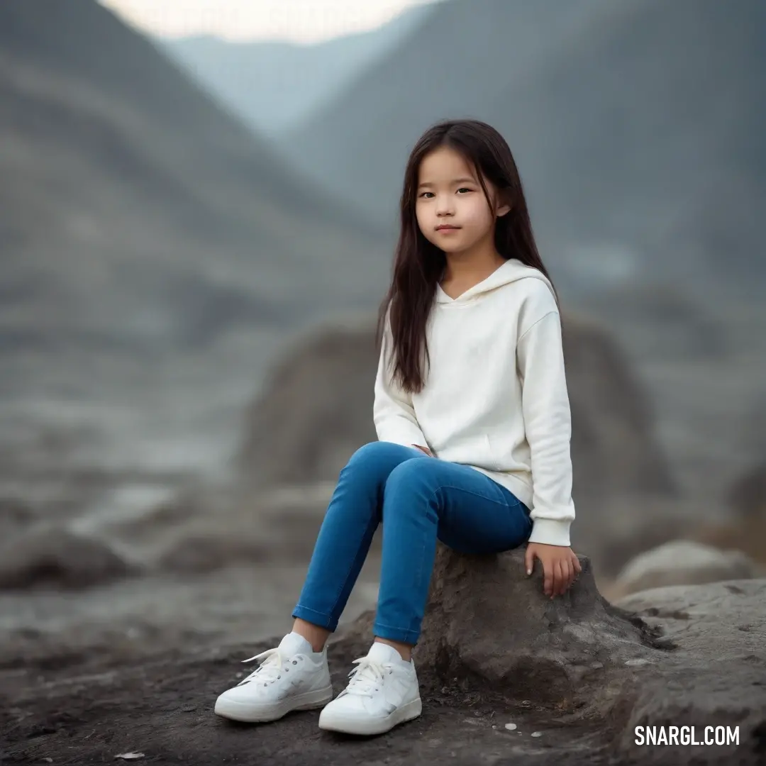 Young girl on a rock in the mountains with her legs crossed and her head tilted to the side. Color Dark cerulean.