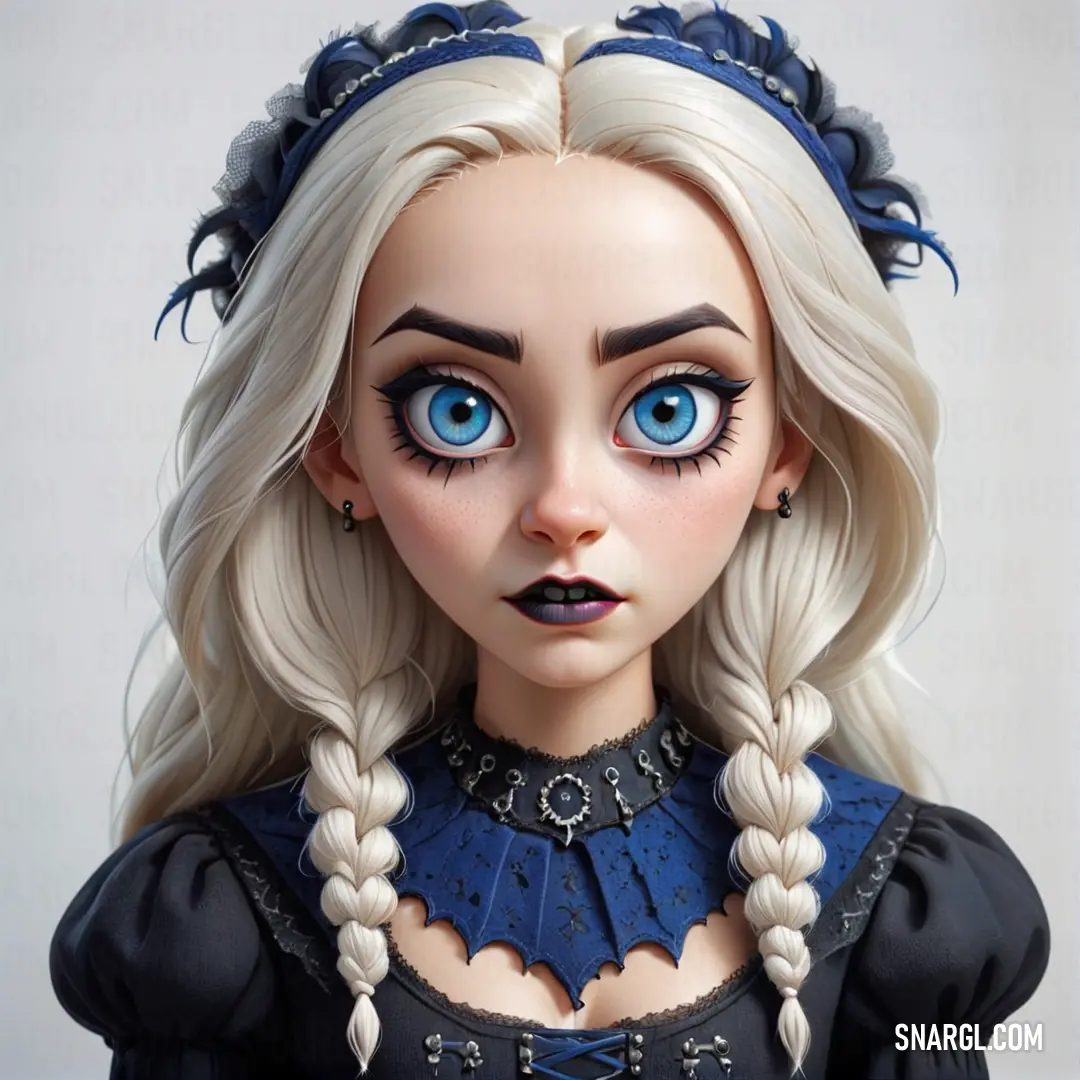 Doll with blue eyes and a braid in her hair is wearing a black dress. Color #08457E.