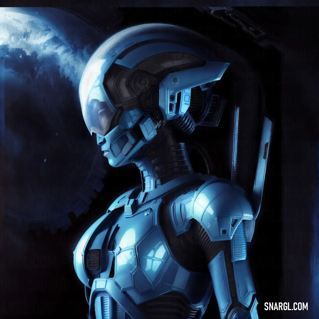 Futuristic woman in a space suit with a moon in the background and a blue background behind her is a full moon