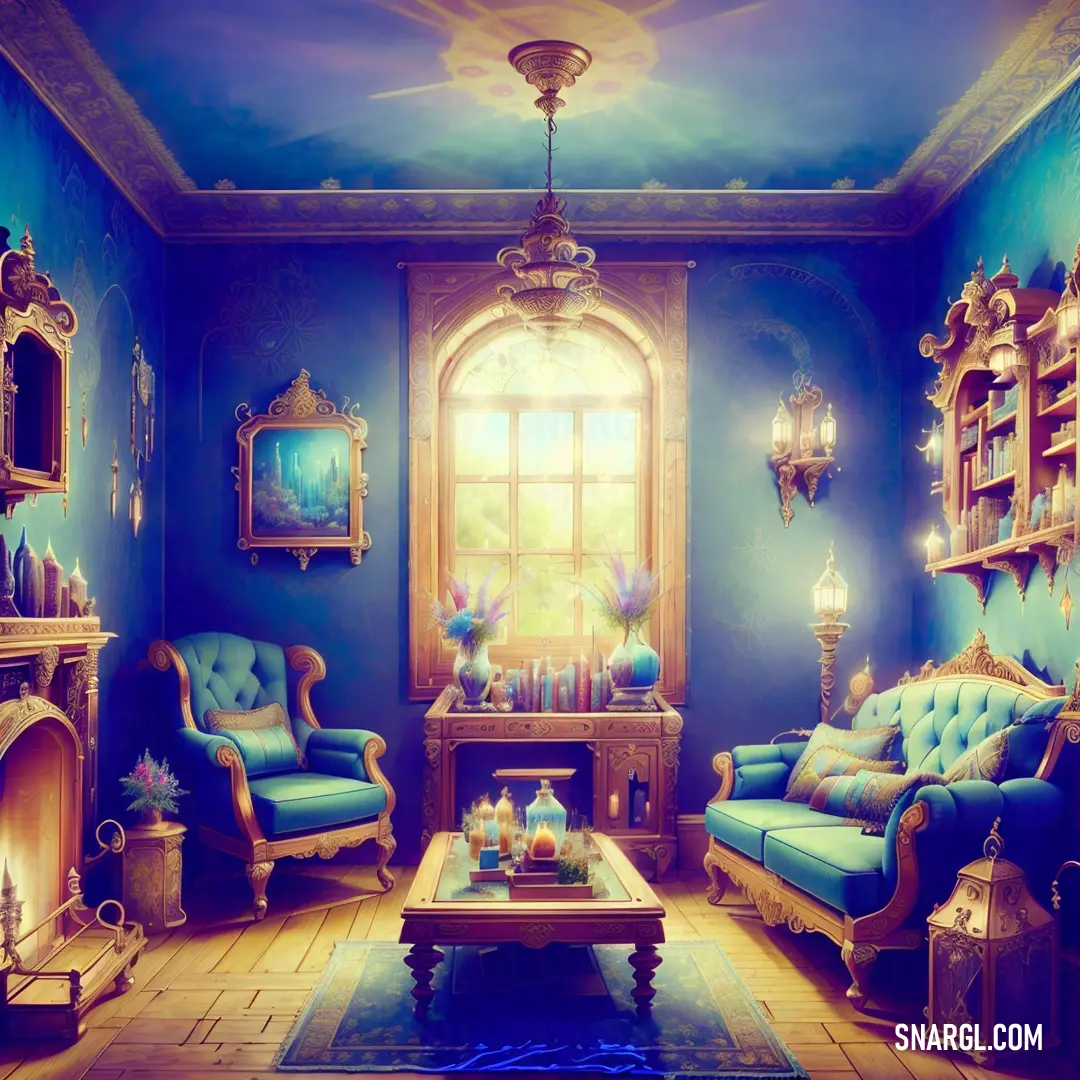 Living room with blue walls and furniture and a fireplace in the corner of the room