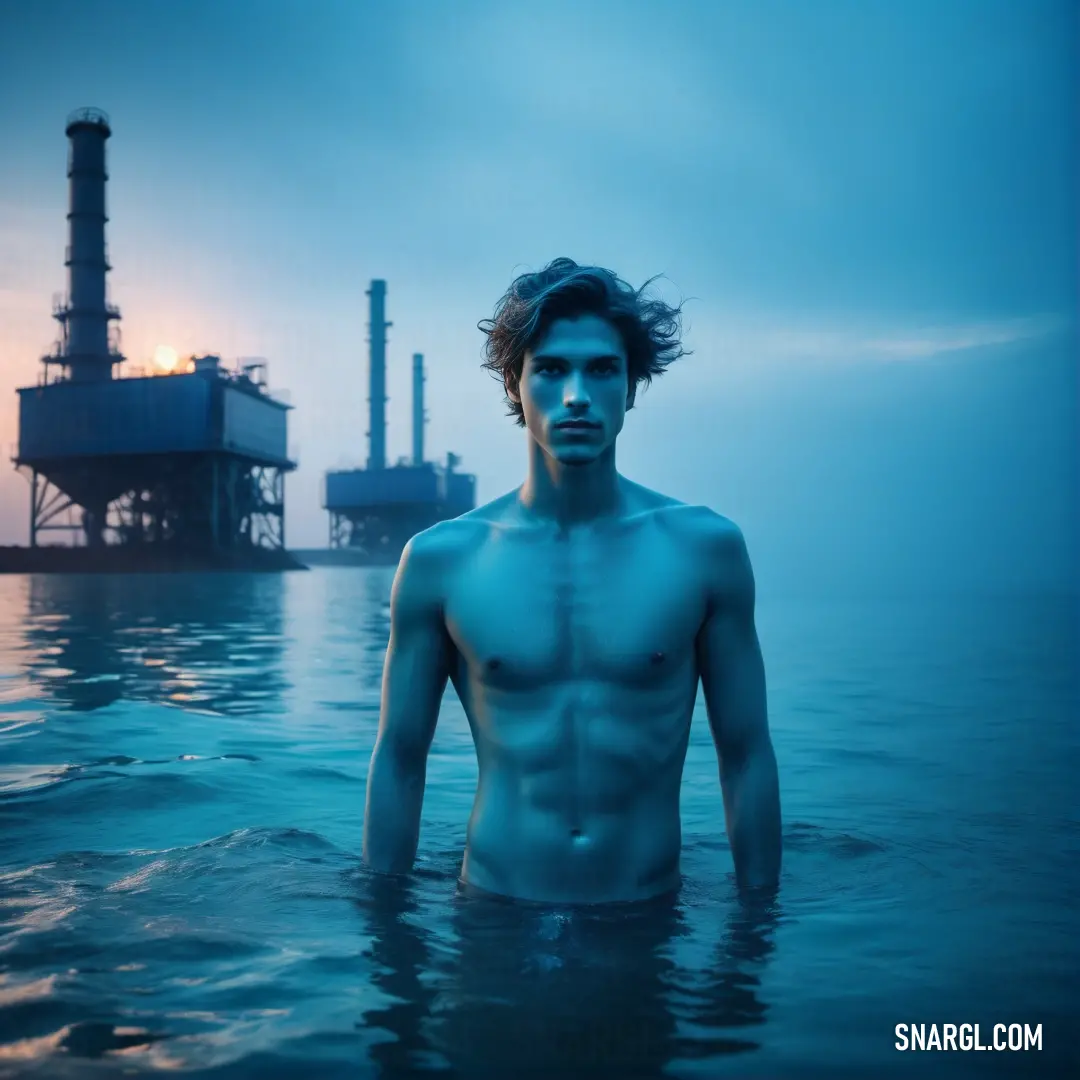 Man standing in the water in front of a factory with a blue sky and water behind him is a large oil rig