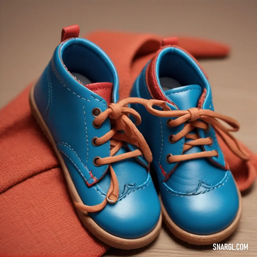 Pair of blue shoes on top of a red cloth covered floor next to a pair of orange shoes. Example of RGB 8,69,126 color.