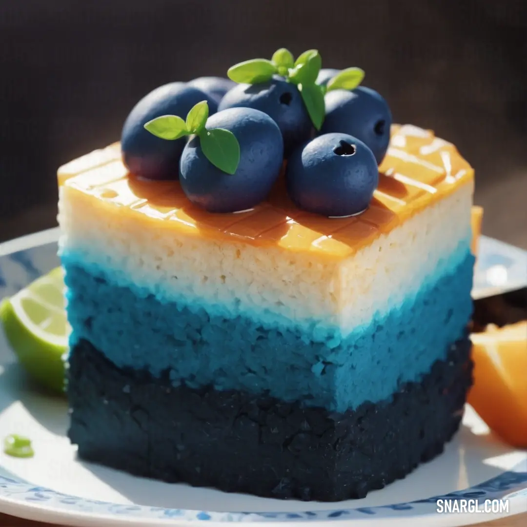 Piece of cake with blueberries and orange slices on a plate with a fork and knife next to it. Color Dark cerulean.