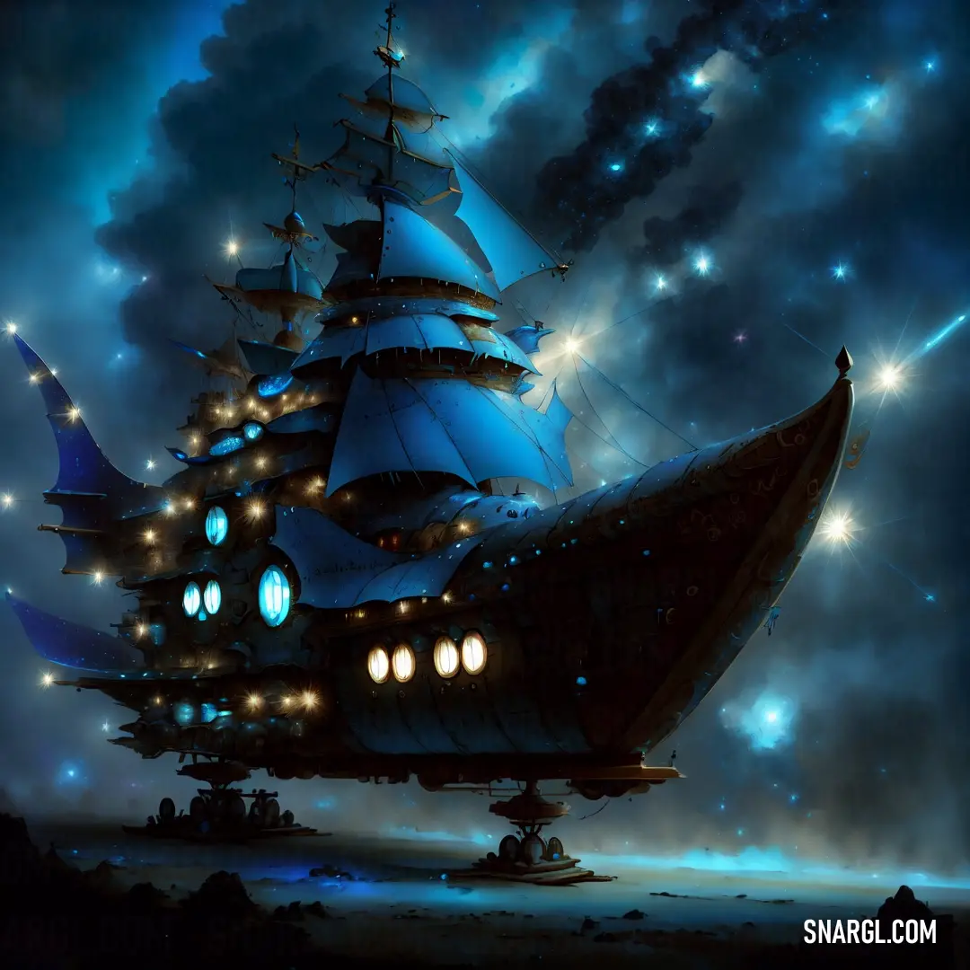 Ship floating in the air with lights on it's sails