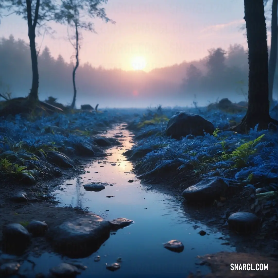 Stream running through a forest with rocks and grass on the ground at sunset. Example of RGB 8,69,126 color.