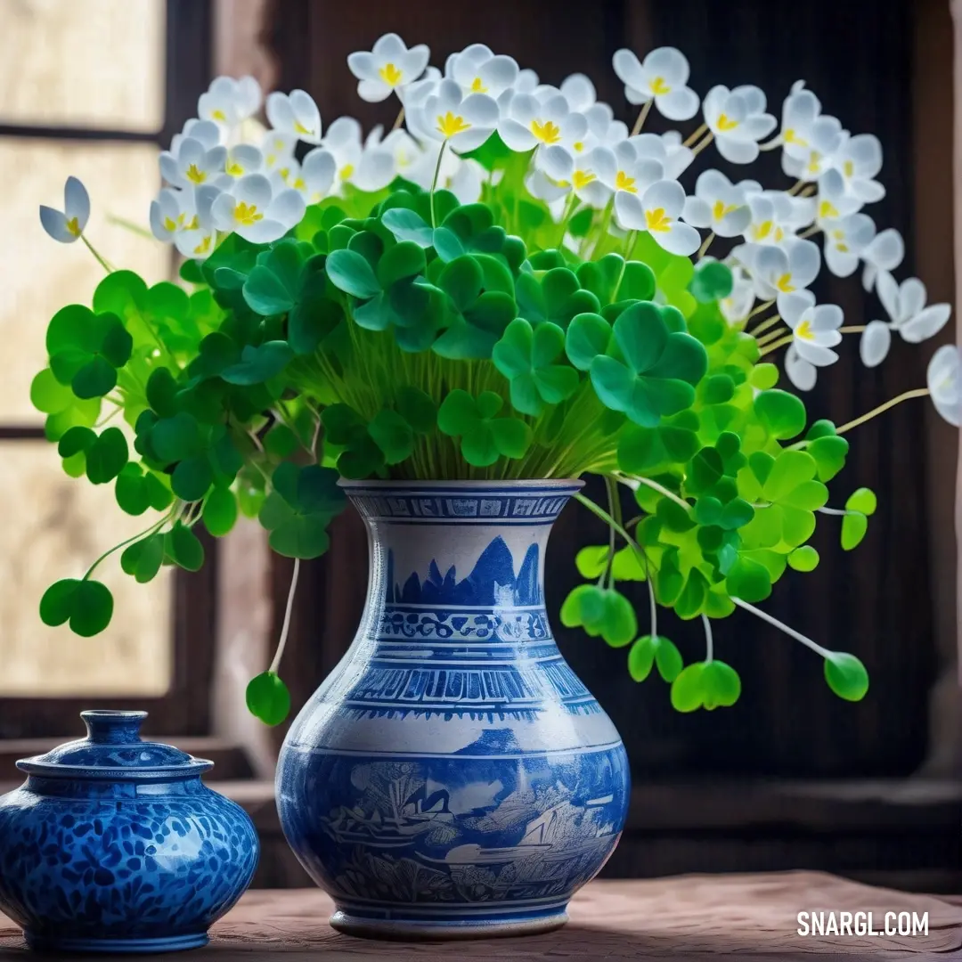 Dark cerulean color. Vase with flowers and a blue and white vase with flowers in it on a table next to a window