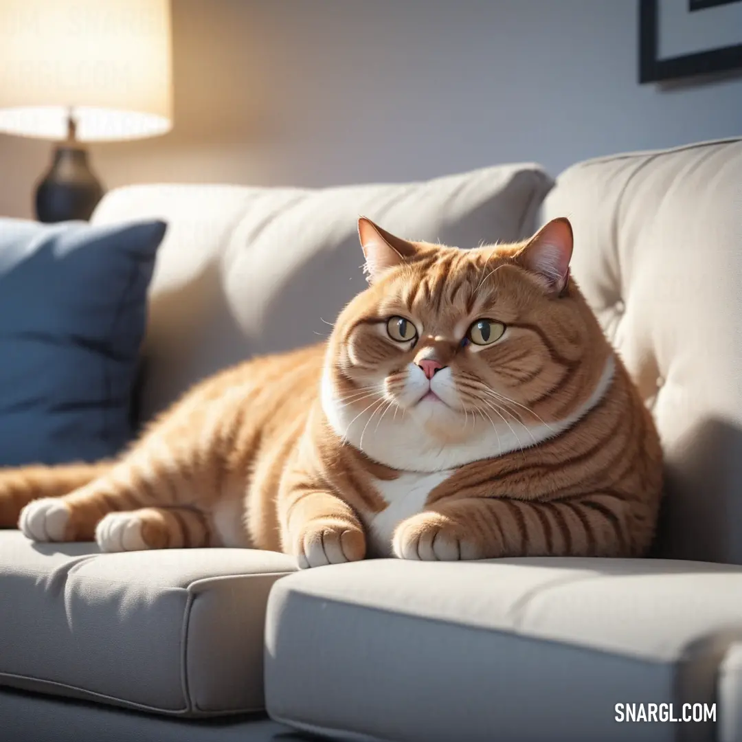 Cat on a couch with a lamp on the side of it's head and eyes open