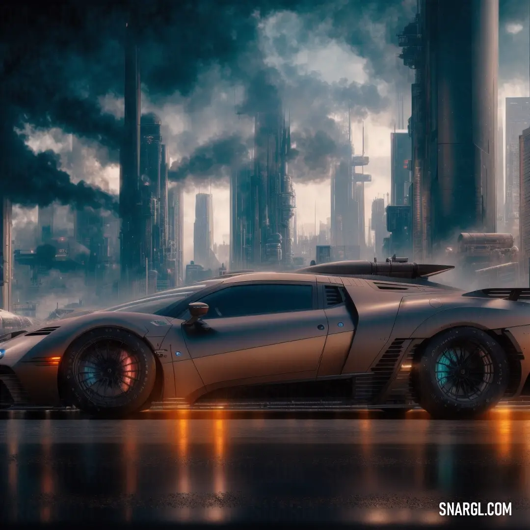 Futuristic car in a city with smoke coming out of it's stacks of buildings