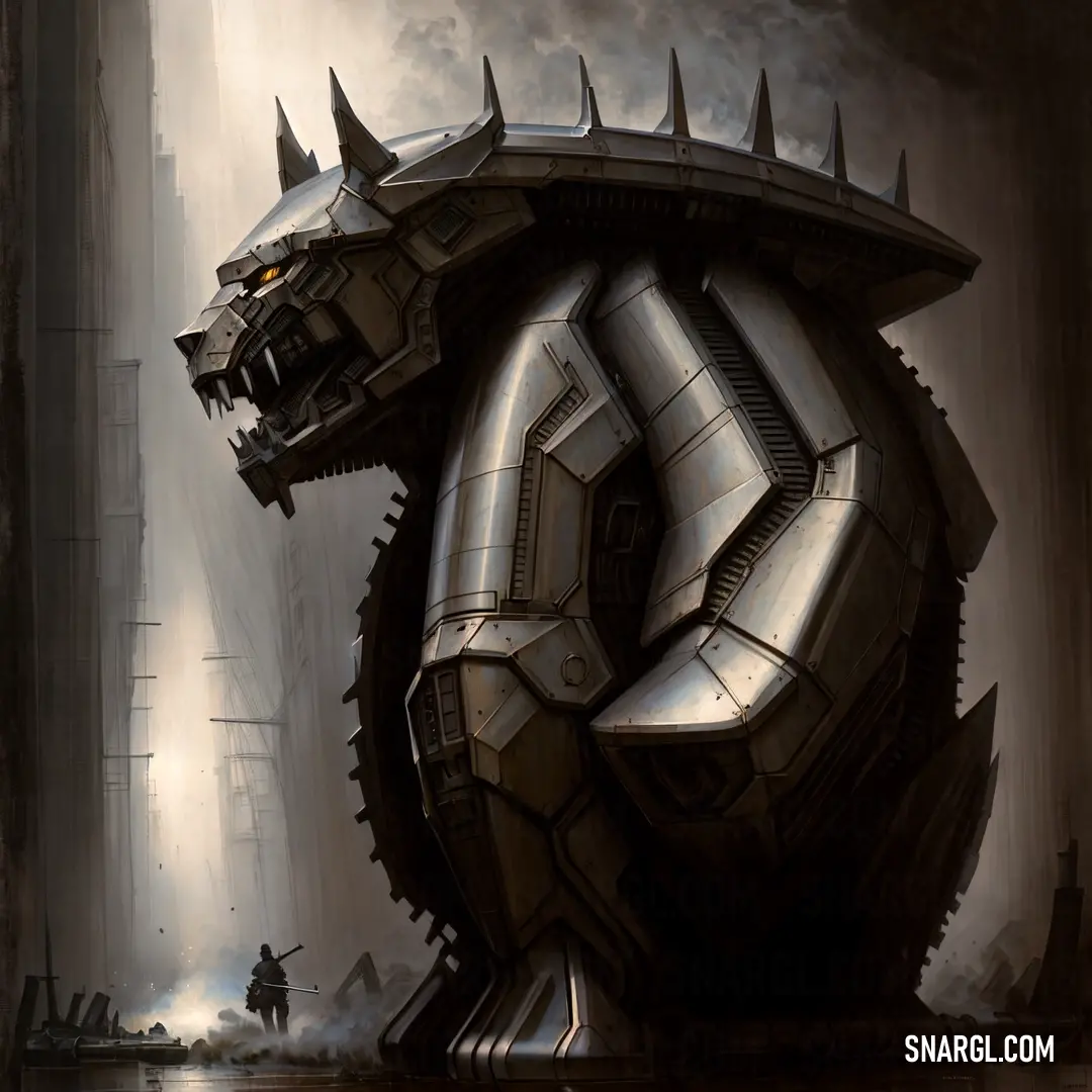 Giant robot like creature with spikes on its head and a man standing in front of it