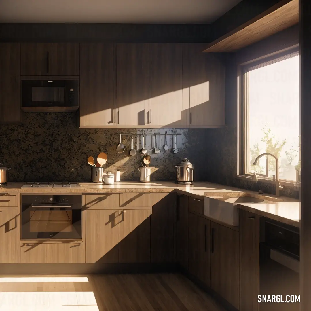 Kitchen with a window and a sink and a stove top oven and a window with a view of the outside. Color #986960.