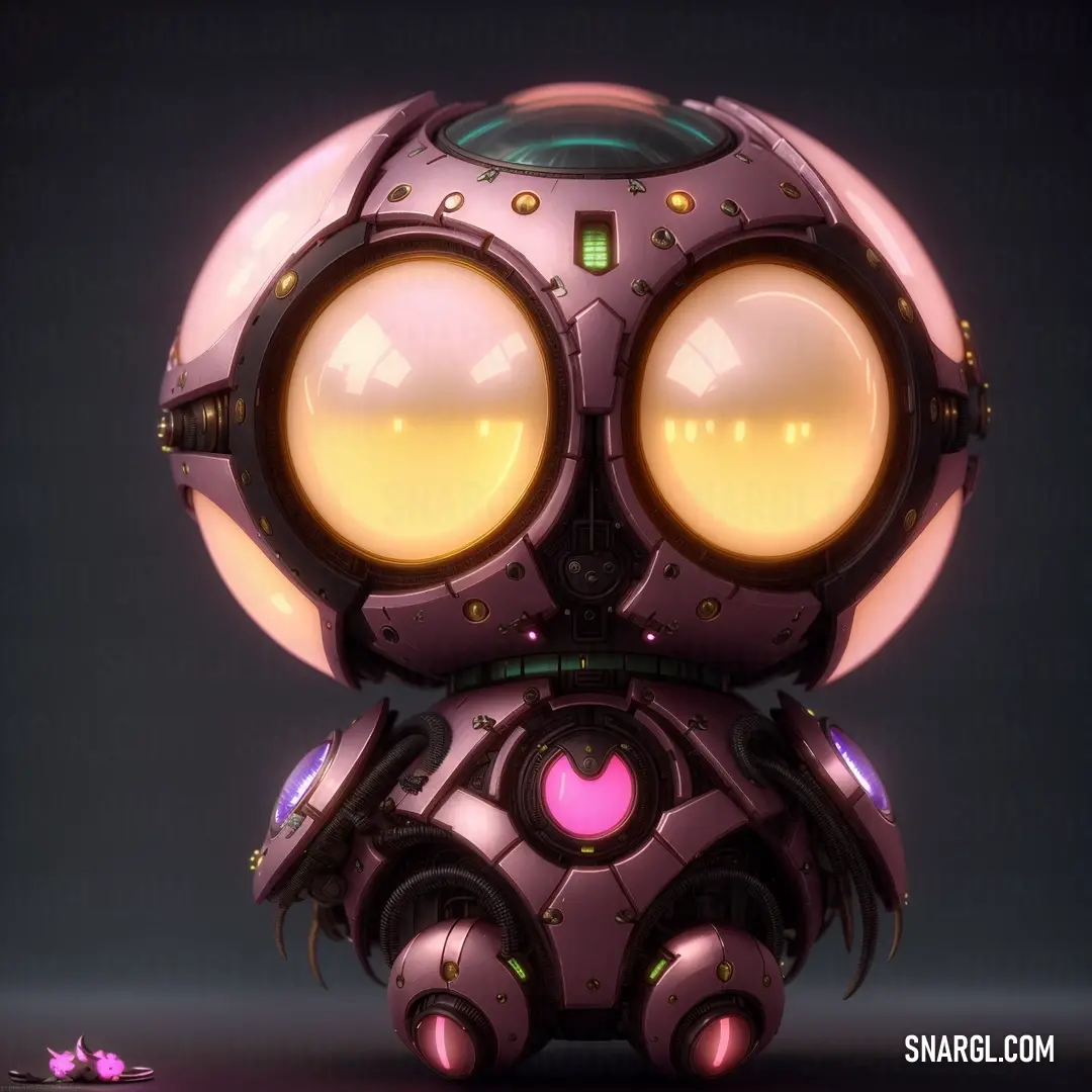 Robot with glowing eyes and a pink body with a yellow light on it's head and a black background