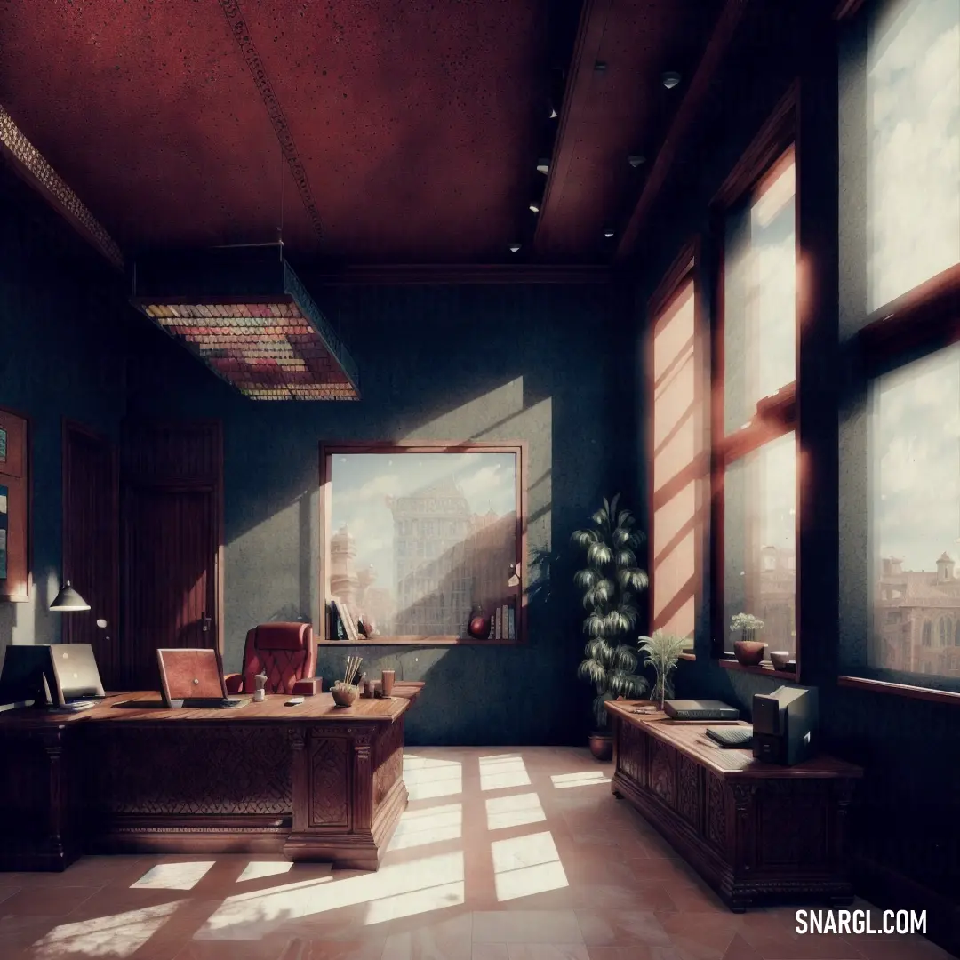 Room with a desk and a large window with a view of a city outside the window and a potted plant. Color Dark chestnut.