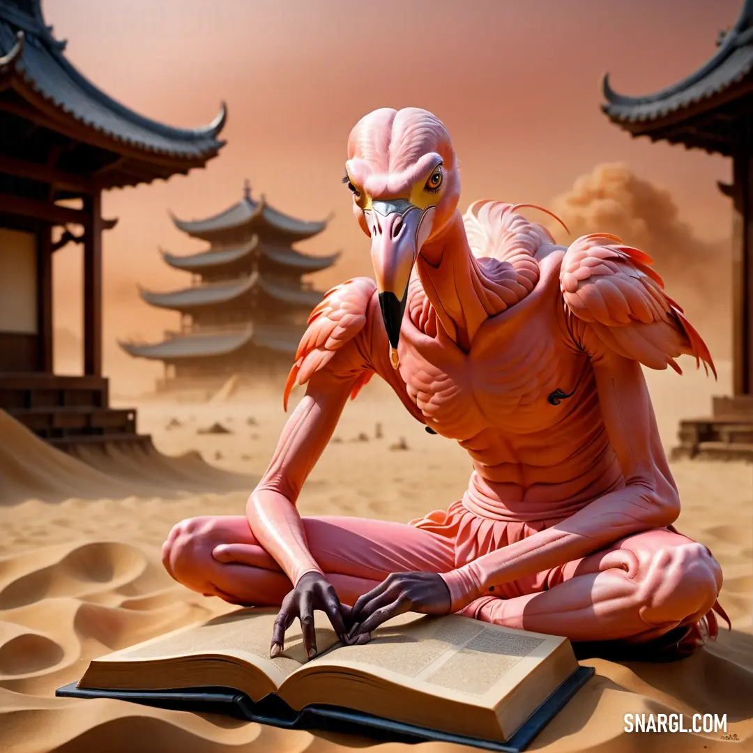 Bird on top of a book in the desert with a pagoda in the background and a person reading a book