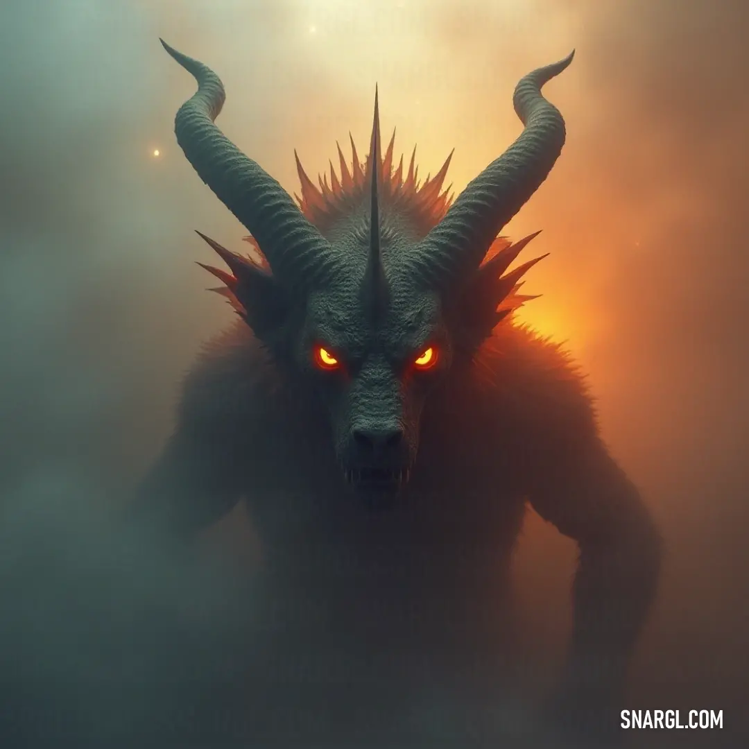 An ominous demon with sharp horns and glowing eyes looms in a foggy sky, backlit by a dazzling sun. The contrast of darkness and light creates a powerful aura of mystery and dread, showcasing the depths of its otherworldly nature.