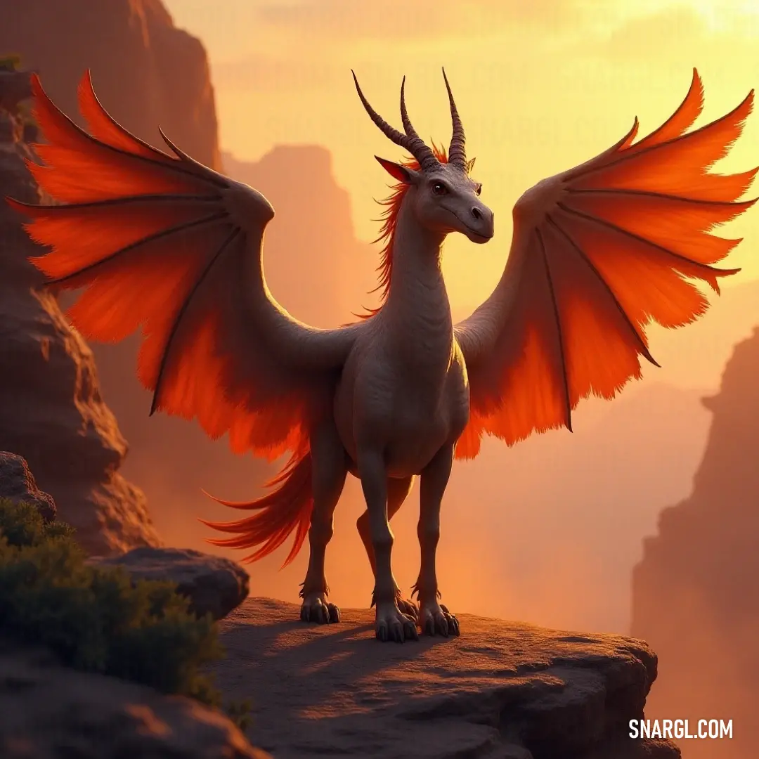 An awe-inspiring dragon with vibrant orange wings stands majestically upon a cliff, overlooking a breathtaking sunset that paints the mountains in warm hues. The scene evokes a sense of grandeur and serenity amidst nature's radiant display.