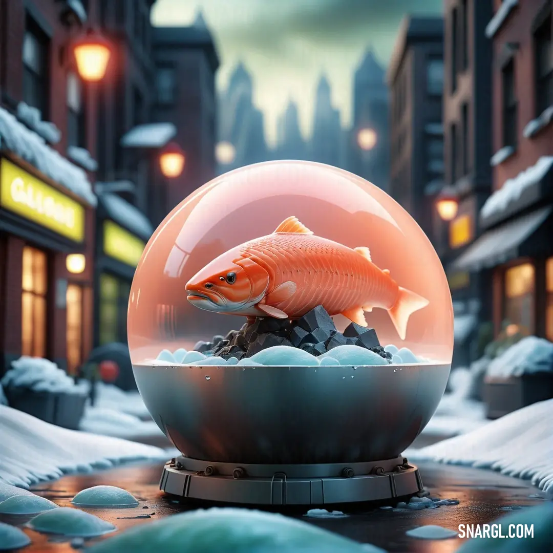 Dark coral color. Fish in a bowl of water on a snowy street at night with buildings