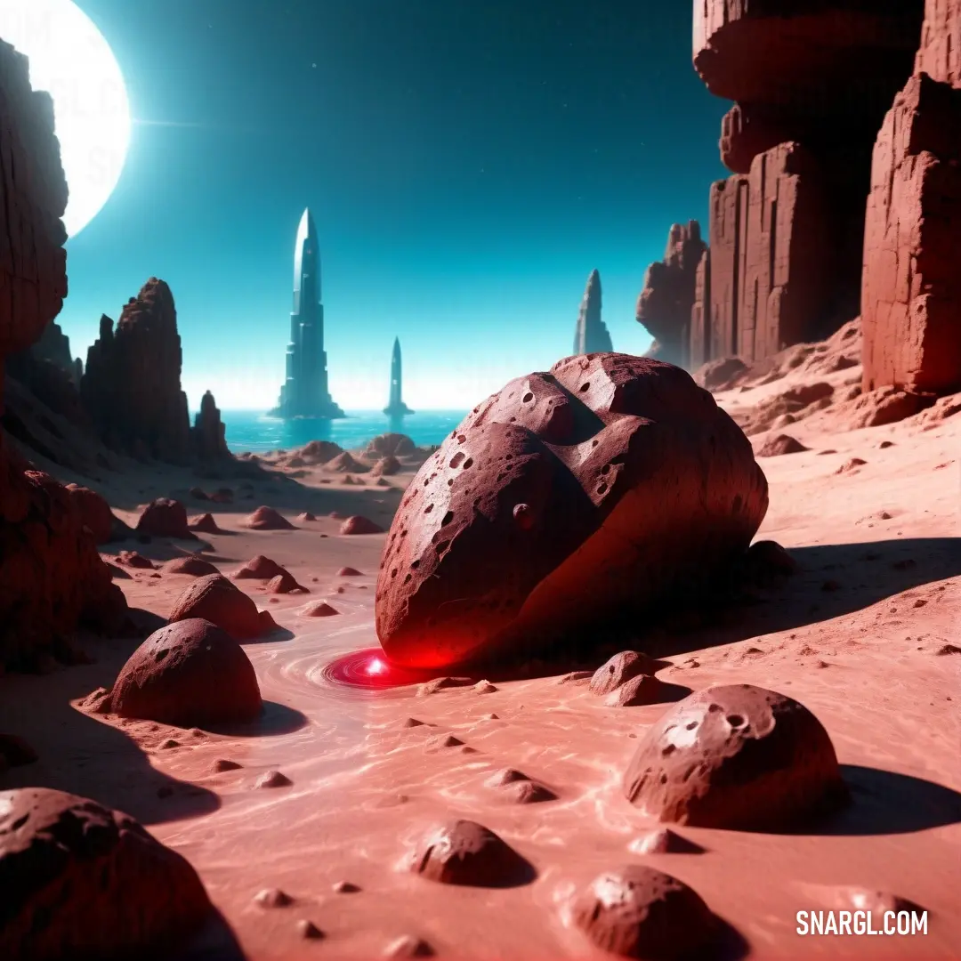 Red object in a desert with a moon in the background. Example of Dark coral color.