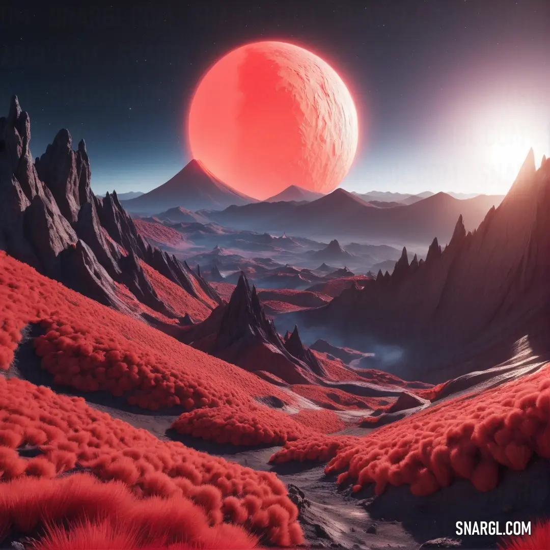 Dark coral color example: Red planet with a red moon in the background