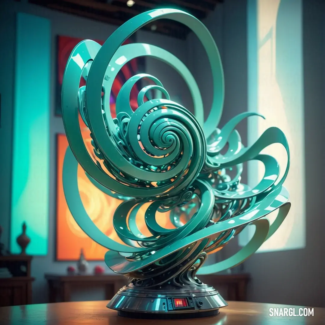 An intriguing dark coral sculpture spirals upward on a table, set within a stylish room adorned with a captivating painting, blending artistic design with contemporary décor.