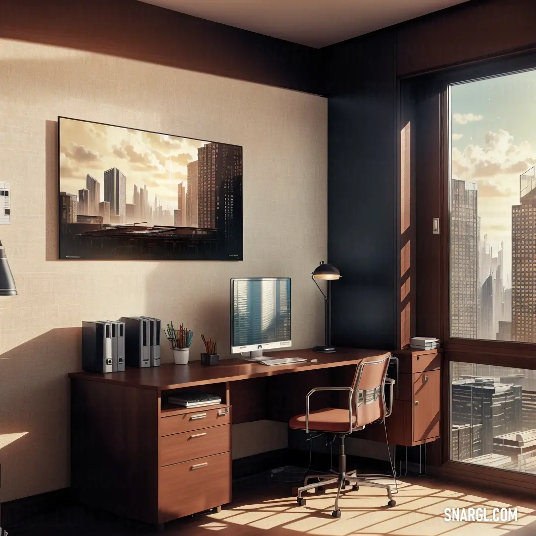 Desk with a computer and a chair in a room with a large window overlooking a cityscape. Example of #CD5B45 color.