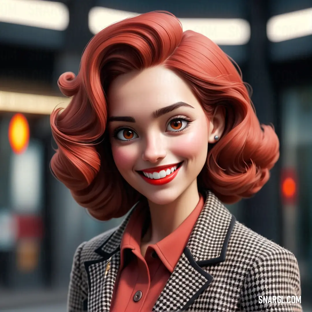 Dark coral color example: Digital painting of a woman with red hair and a suit jacket on