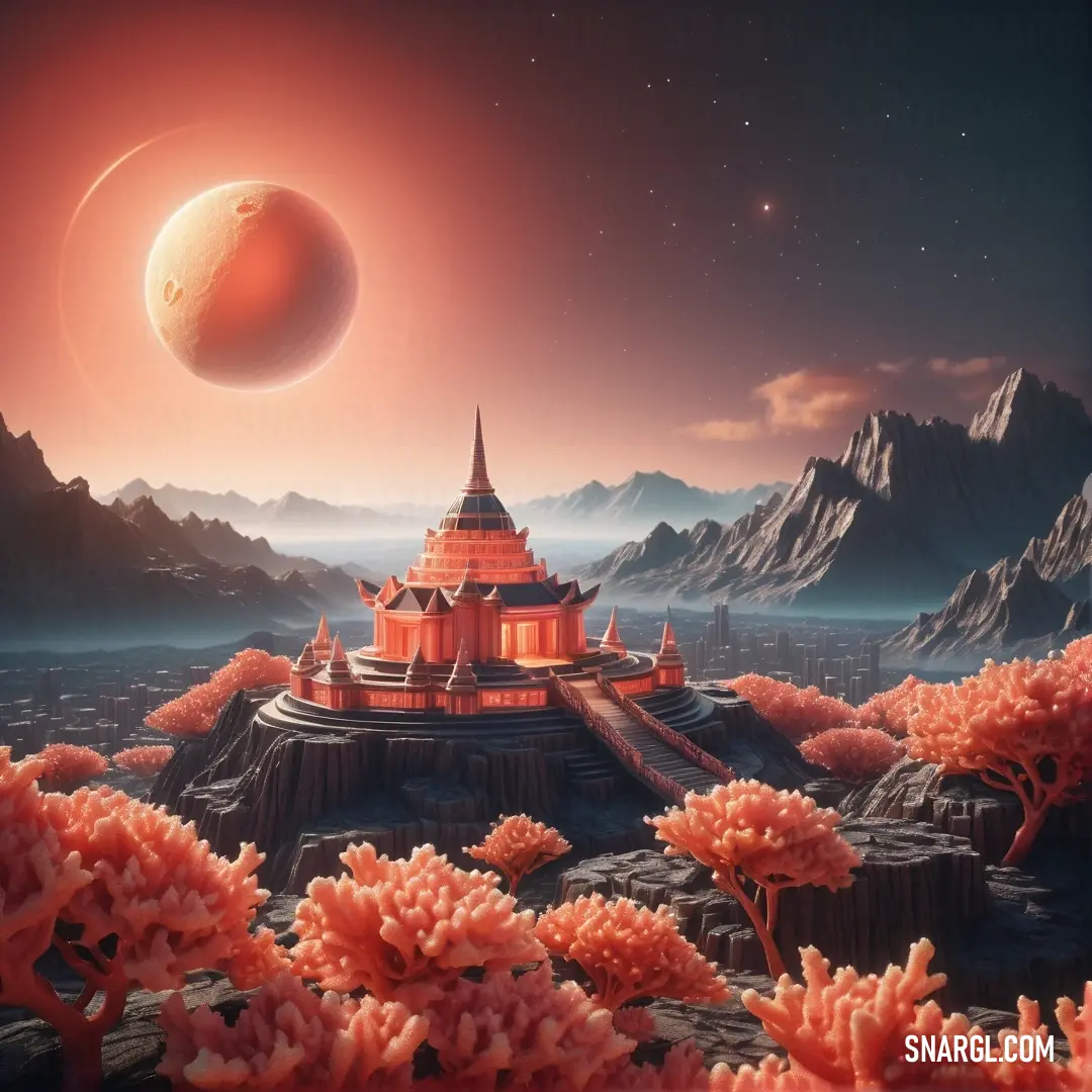 Futuristic landscape with a red building and a planet in the background with a red moon in the sky. Example of RGB 205,91,69 color.