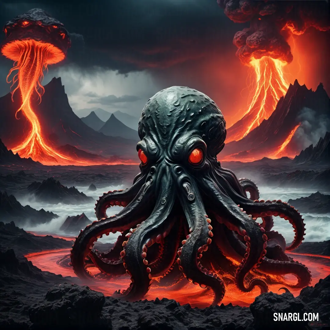 Giant octopus with glowing eyes in a dark landscape with lava and volcanos in the background