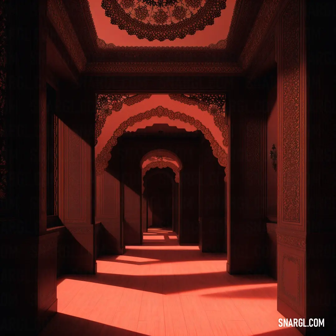 Hallway with a red light coming through the ceiling and a clock on the wall above it