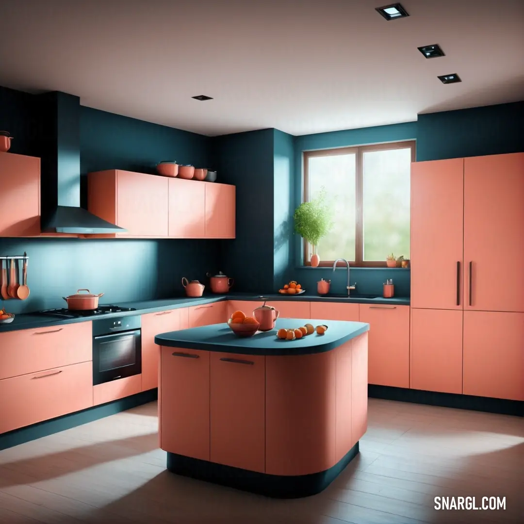 Dark coral color example: Kitchen with a blue counter top and orange cabinets and a window with a potted plant on it