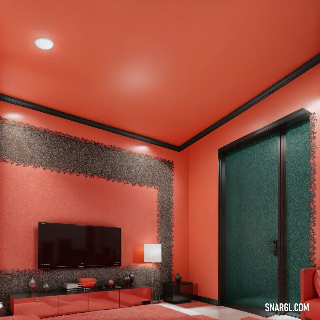 Living room with a red couch and a television on a stand in front of a green door and a red chair. Example of Dark coral color.