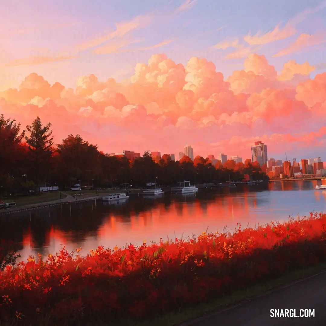 Painting of a city skyline and a river with red flowers in the foreground and a sunset in the background