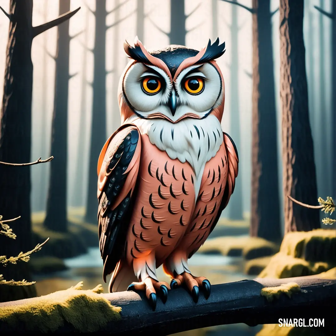 Painting of an owl on a branch in a forest with trees and mossy ground and a stream. Color RGB 205,91,69.